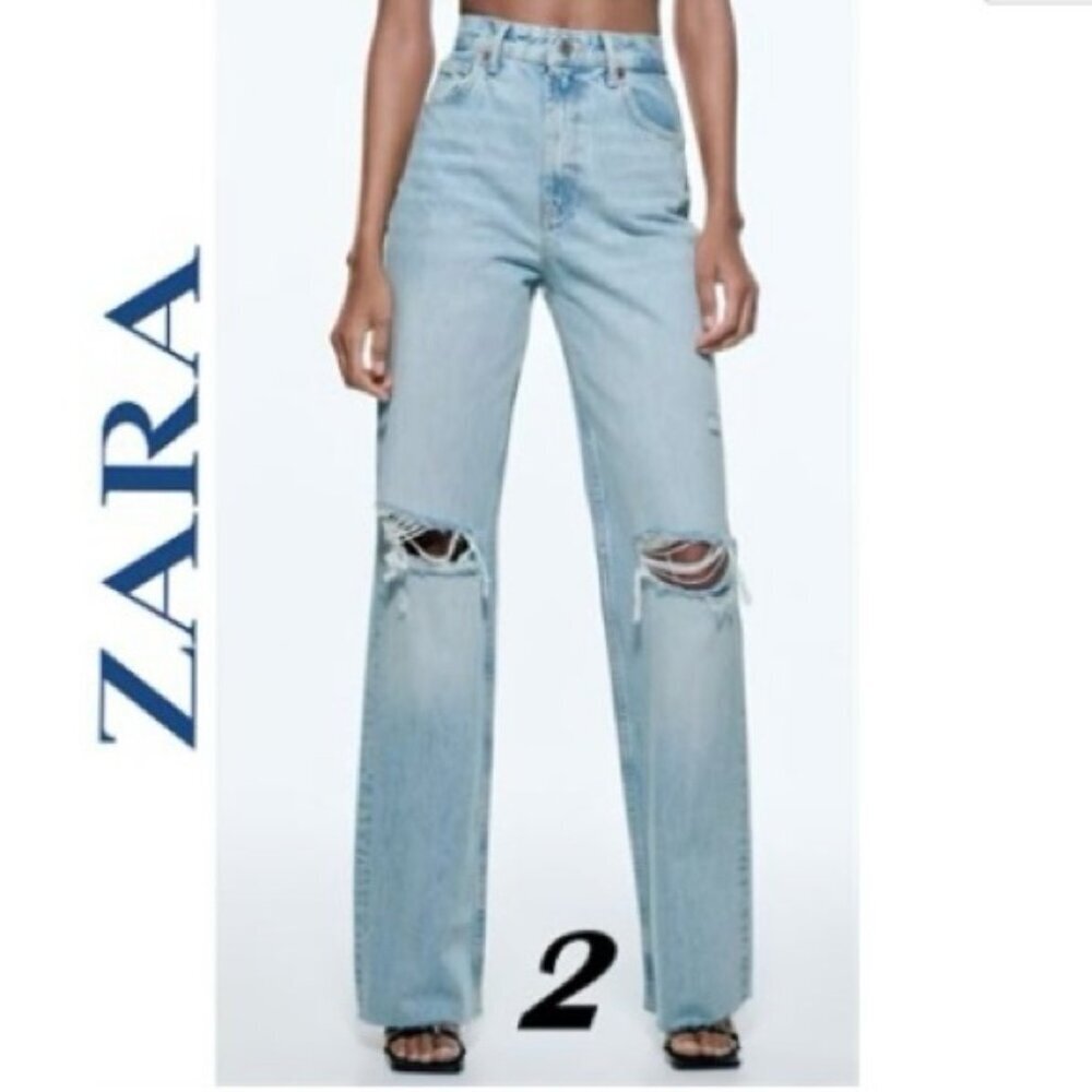 Zara Blue Flare Wide Leg Jeans with Distressed Details